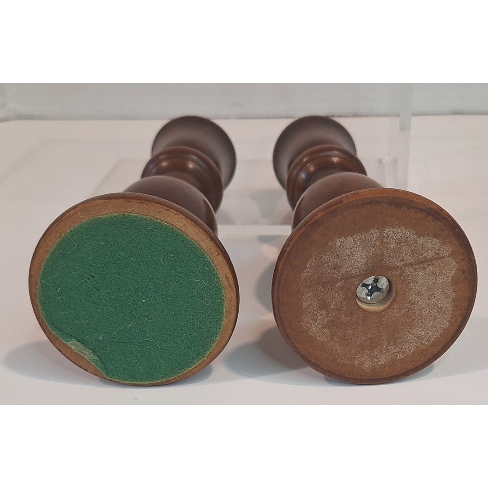 Vintage Turned Wood Candlestick Holders Pair Dark Brown Brass Inset 6.75 Inch - Picture 5 of 8